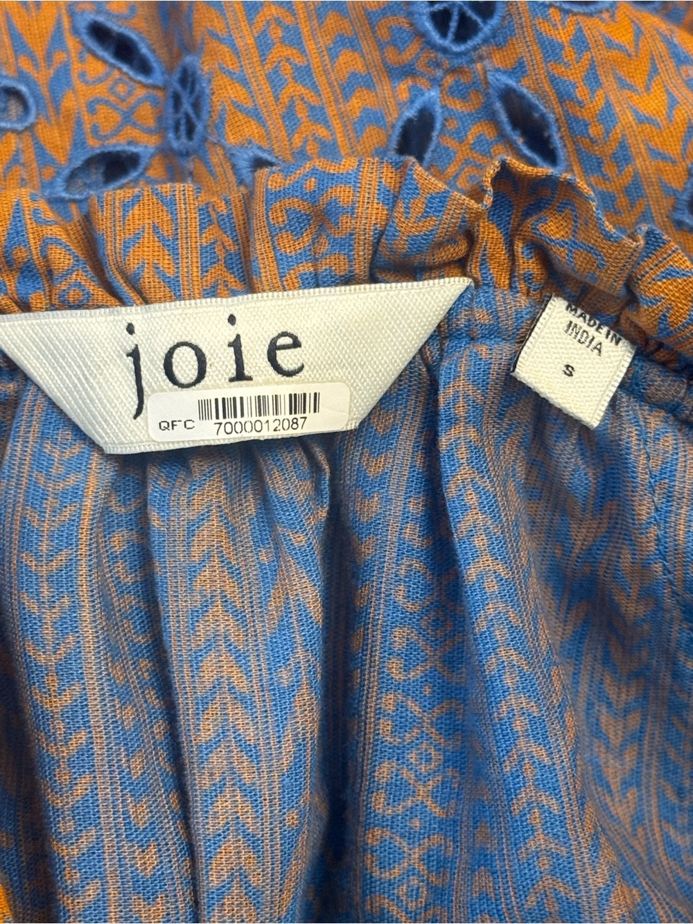 Joie Cotton Linen Embroidered Eyelet Peasant Blouse Boho Blue Brown Long Sleeve - Picture 3 of 4